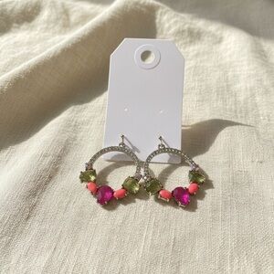 Silver-Tone Hoop Earrings with Pink and Green Gemstones
